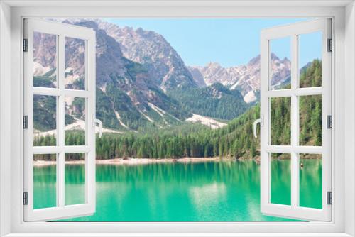 Fototapeta Naklejka Na Ścianę Okno 3D - Lago di Braies lake in Italy . Idyllic scenery with lake in European Alps  