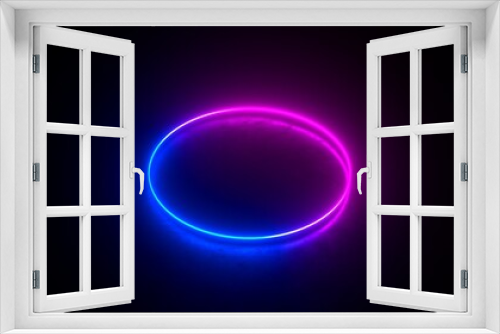Fototapeta Naklejka Na Ścianę Okno 3D - Abstract neon background with glowing blue pink ring on dark background. Empty glowing techno backdrop. Luminous swirling. Floor reflection. Frame, circle, ring shape, empty space. 3D illustration