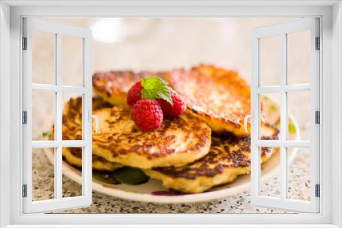 Fototapeta Naklejka Na Ścianę Okno 3D - Closeup pancakes with raspberries food dessert sweet breakfast baked eat nobody tasty pastry table