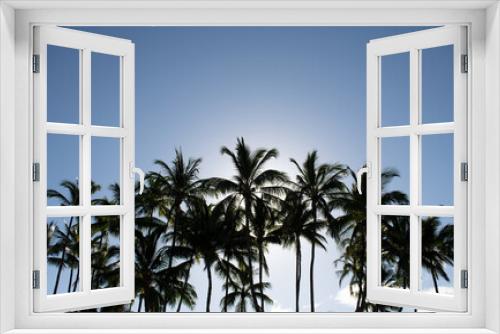 Fototapeta Naklejka Na Ścianę Okno 3D - Palms landscape with sunny tropic paradise. Tropical palm coconut trees on sky, nature background.