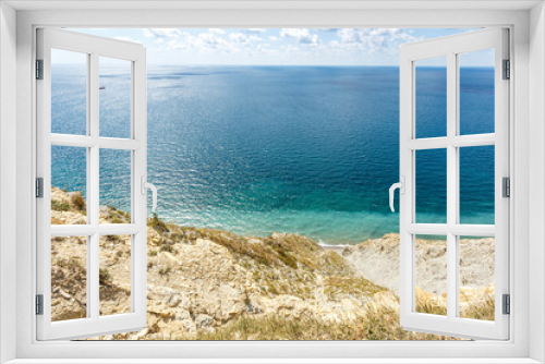 Fototapeta Naklejka Na Ścianę Okno 3D - Beautiful landscape of blue sea and mountains on a sunny summer day. The Black Sea coast. Anapa