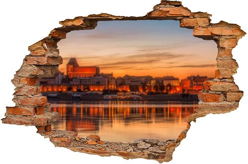 panorama, rzeka, Toruń, zachód słońca, Europa, niebo, architektura, podróż, starówka, kościół, krajobraz miasta, wieczorny, pomarańczowy, kolorowy, światła, odbicie, statki