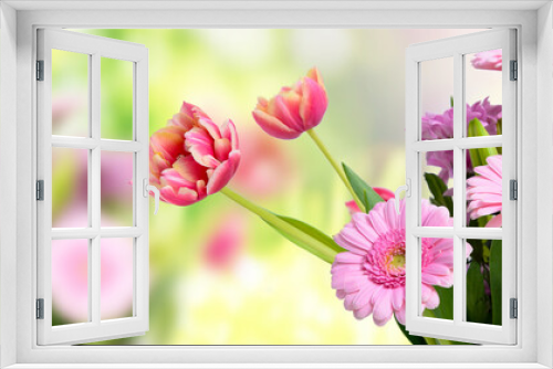 Fototapeta Naklejka Na Ścianę Okno 3D - Composition with beautiful blooming Tulips and Barberton Daisy (Gerbera jamesonii) flowers on white background , pink colors