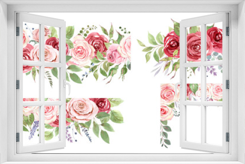 Fototapeta Naklejka Na Ścianę Okno 3D - Watercolor wreaths of red and pink roses, green leaves and golden figures. Bohemian holiday decor. Bouquets of roses and leaves. For wedding invitation, greeting cards, wedding decoration
