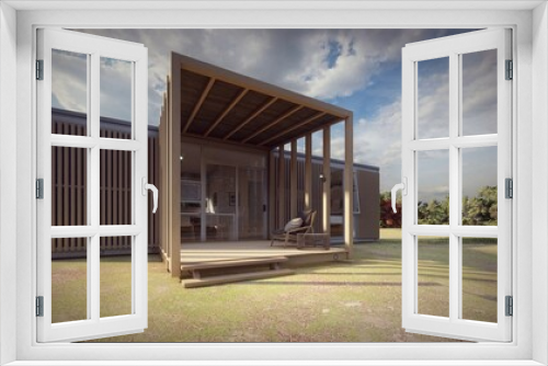 Fototapeta Naklejka Na Ścianę Okno 3D - modern tiny house persepective with wooden facade 3d illustration
