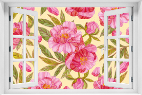 Fototapeta Naklejka Na Ścianę Okno 3D - Seamless watercolor floral pattern. Print with pink peony flowers, petals and green leaves on a yellow background.