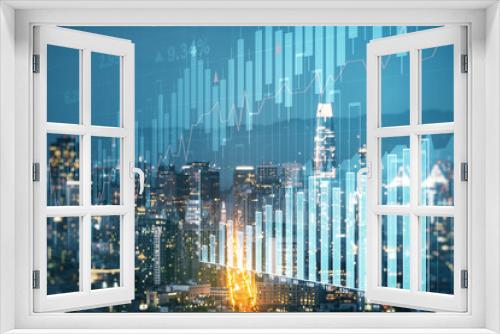 Fototapeta Naklejka Na Ścianę Okno 3D - Multi exposure of virtual abstract financial diagram on San Francisco office buildings background, banking and accounting concept