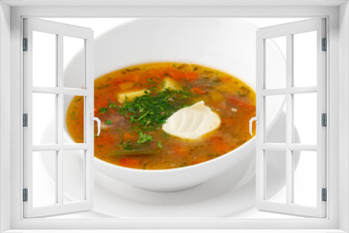 Fototapeta Naklejka Na Ścianę Okno 3D - Chicken soup in bowl on white background