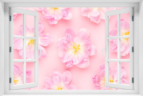 Fototapeta Naklejka Na Ścianę Okno 3D - Pink tulips blossom pattern on pastel background.
