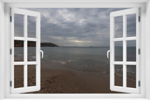 Fototapeta Naklejka Na Ścianę Okno 3D - Beautiful seascape with waves, sandy beach and cloudy sky. Aegean Sea