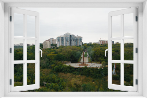 Aerial view: Odessa, a monument in a park on a mountain, Ukraine