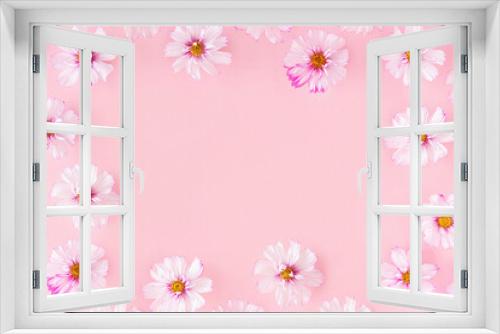 Fototapeta Naklejka Na Ścianę Okno 3D - Frame made with flowers on pink background. Flat Lay Top view Copy space
