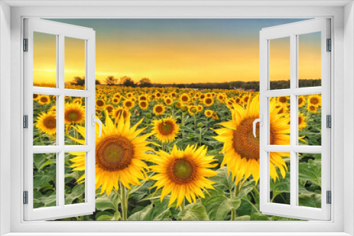 Fototapeta Naklejka Na Ścianę Okno 3D - sunflower field at sunset