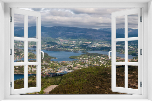 Fototapeta Naklejka Na Ścianę Okno 3D - View from the plane on the city of Bergen and its surroundings with mountains and sea
