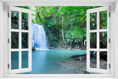 Fototapeta Naklejka Na Ścianę Okno 3D - Beautiful Erawan tropical waterfall in Kanchanaburi province, Thailand. travel in tropical forest concept.
