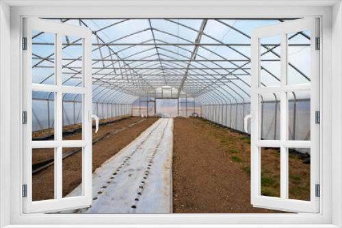 Fototapeta Naklejka Na Ścianę Okno 3D - Empty vegetable greenhouse prepared with row covers