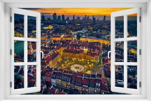 Fototapeta Naklejka Na Ścianę Okno 3D - Beautiful panoramic aerial drone skyline sunset view of the Warsaw City Centre with skyscrapers of the Warsaw City and Warsaw's old town with a market square and a mermaid statue, Poland, EU