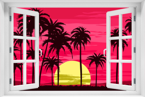 Fototapeta Naklejka Na Ścianę Okno 3D - evening on a beach with palm trees. Colorful pictures for summer vacations