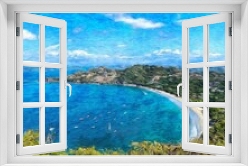 Fototapeta Naklejka Na Ścianę Okno 3D - Watercolor and pastel drawing nature landscape, tropical travel and touristic place, Seychelles island vacation, trend print for poster, textile or canvas. Modern fine arts design wallpaper. Wall art