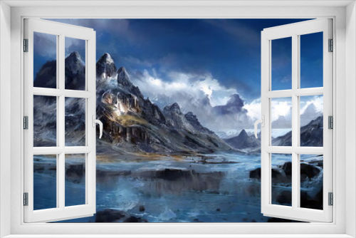 Fototapeta Naklejka Na Ścianę Okno 3D - Fantastic Winter Epic Magical Landscape of Mountains. Frozen nature. Glacier in the mountains. Mystic Valley. Artistic oil painting. Artwork sketch. Gaming background. Book  Cover and Poster
