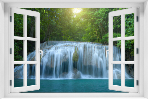 Fototapeta Naklejka Na Ścianę Okno 3D - Beautiful Erawan waterfall in deep forest at Kanchanaburi province, Thailand.