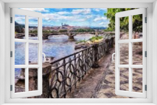 Fototapeta Naklejka Na Ścianę Okno 3D - Digital painting modern artistic artwork, Prague Czechia, drawing in oil European famous old street view, beautiful old vintage houses, design print for canvas or paper poster, touristic production
