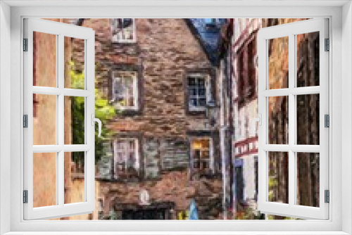 Fototapeta Naklejka Na Ścianę Okno 3D - Colorful painting modern artistic artwork, real brush strokes, drawing in oil European famous old street view, beautiful old vintage houses, design print for canvas or paper poster, touristic product