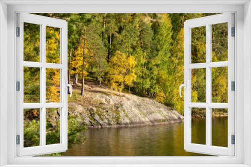 Fototapeta Naklejka Na Ścianę Okno 3D - Autumn Colors in the Forest. Trees on top of a big rocky soil with yellow and green colors slightly reflect towards the lake's surface on a sunny autumn day.