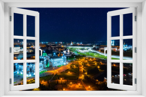 Fototapeta Naklejka Na Ścianę Okno 3D - Panorama night city Kazan kremlin and Kul Sharif mosque Russia, aerial top view
