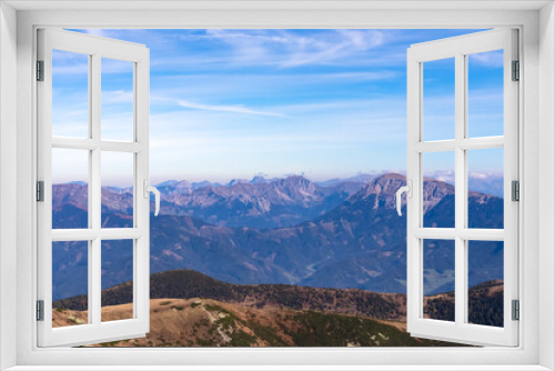 Fototapeta Naklejka Na Ścianę Okno 3D - Panoramic view from Seckauer Zinken in the Lower Tauern mountain range, Styria, Austria, Europe. Eisenerz Alps in the distance. Sunny autumn day in the Seckau Alps. bare and rocky terrain. Wanderlust