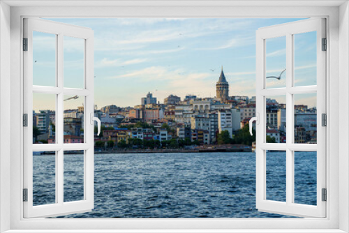 Views of the Galata Tower and the Bosphorus River in Istanbul, Turkey
