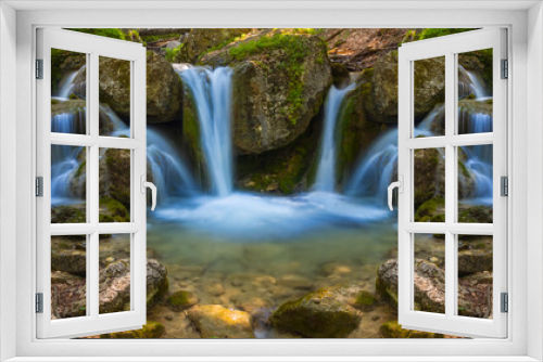 Fototapeta Naklejka Na Ścianę Okno 3D - closeup small waterfall on mountain river, natural mountain canyon scene