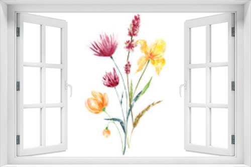 Fototapeta Naklejka Na Ścianę Okno 3D - Decoration isolated on white background, bouquet of wild composition.Watercolor bouquet of spring flowers.For Mother's Day, wedding, birthday, Easter, Valentine's Day.