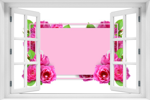 Fototapeta Naklejka Na Ścianę Okno 3D - Arrangement of beautiful roses. Flower roses frame on pink pastel background. Mothers day, Valentines Day.