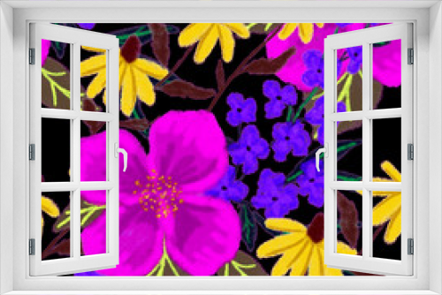 Fototapeta Naklejka Na Ścianę Okno 3D - Creative seamless pattern with abstract flowers drawn with wax crayons. Bright colorful floral print.	