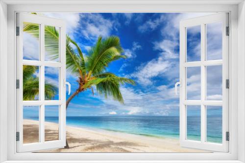 Fototapeta Naklejka Na Ścianę Okno 3D - Palm trees in sandy beach in tropical island and turquoise sea
