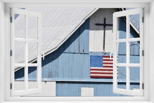 Fototapeta Naklejka Na Ścianę Okno 3D - Cross and American Flag on a Barn