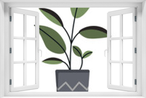 Fototapeta Naklejka Na Ścianę Okno 3D - Flowerpot with leaves. Plant in gray vase, minimalistic design for apartment or house. Modern design elements for cafes or restaurants, social media stickers. Cartoon flat vector illustration