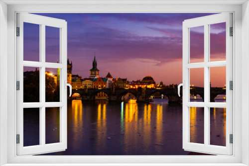 Fototapeta Naklejka Na Ścianę Okno 3D - View of illuminated Charles Bridge at night, Prague, Czech Republic