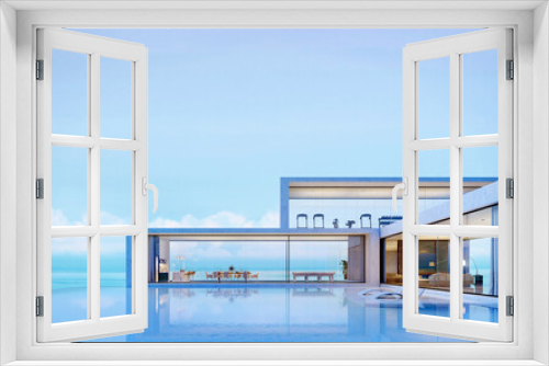 Fototapeta Naklejka Na Ścianę Okno 3D - Modern luxury pool villa with sea view background.3d rendering