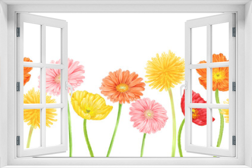 Fototapeta Naklejka Na Ścianę Okno 3D - Lower frame of spring flowers (poppy, dandelion, gerbera)