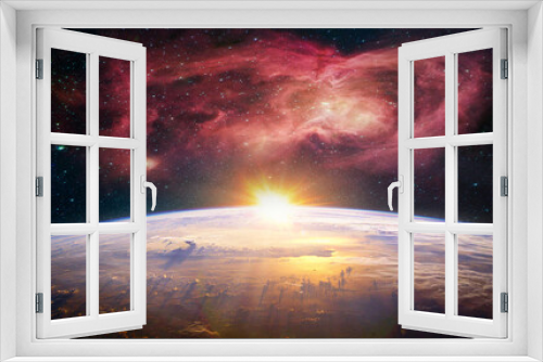 Fototapeta Naklejka Na Ścianę Okno 3D - Landscape with Milky way galaxy. Sunrise and Earth view from space with Milky way galaxy. (Elements of this image furnished by NASA)