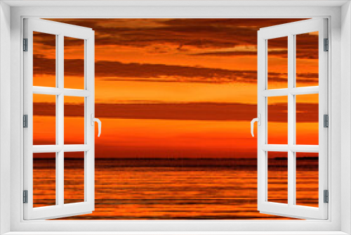 Fototapeta Naklejka Na Ścianę Okno 3D - Landscape of sea and tropical beach at sunset or sunrise time for leisure travel and vacation. Reflection of sun in the water and sand on beach.