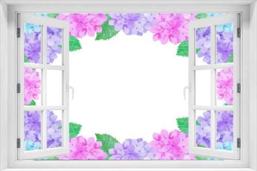 Fototapeta Naklejka Na Ścianę Okno 3D - イラスト素材：水彩絵の具で描いたかわいい紫陽花の横位置の背景（紫・ピンク・水色）

