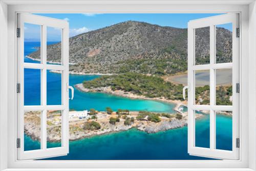 Fototapeta Naklejka Na Ścianę Okno 3D - Aerial drone photo of iconic Aponisos bay and lake with clear turquoise sea and pine trees,  Agistri island, Saronic gulf, Greece