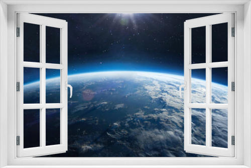Fototapeta Naklejka Na Ścianę Okno 3D - Earth surface view from orbit in space. Blue planet. Clouds and sky on horizon. Elements of this image furnished by NASA