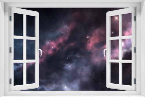 Fototapeta Naklejka Na Ścianę Okno 3D - Abstract fantastic space of the universe. Space background with nebula and stars. Dark space background with an unknown planet, flashes of light in space. 3d illustration