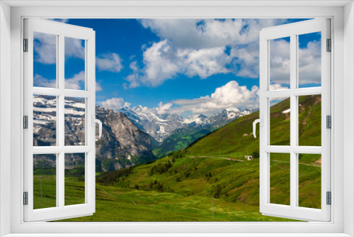 Fototapeta Naklejka Na Ścianę Okno 3D - View of snow in the mountain with green grass in summer on a sunny day in switzerland, grinelward