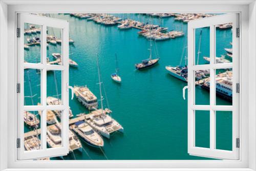 Fototapeta Naklejka Na Ścianę Okno 3D - Aerial drone photo of famous Gouvia Marina with luxury yachts and sail boats docked, Corfu island , Greece