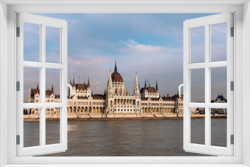 view from the Danube River to the panorama of the Hungarian Parliament, which is a symbol of the Hungarian capital